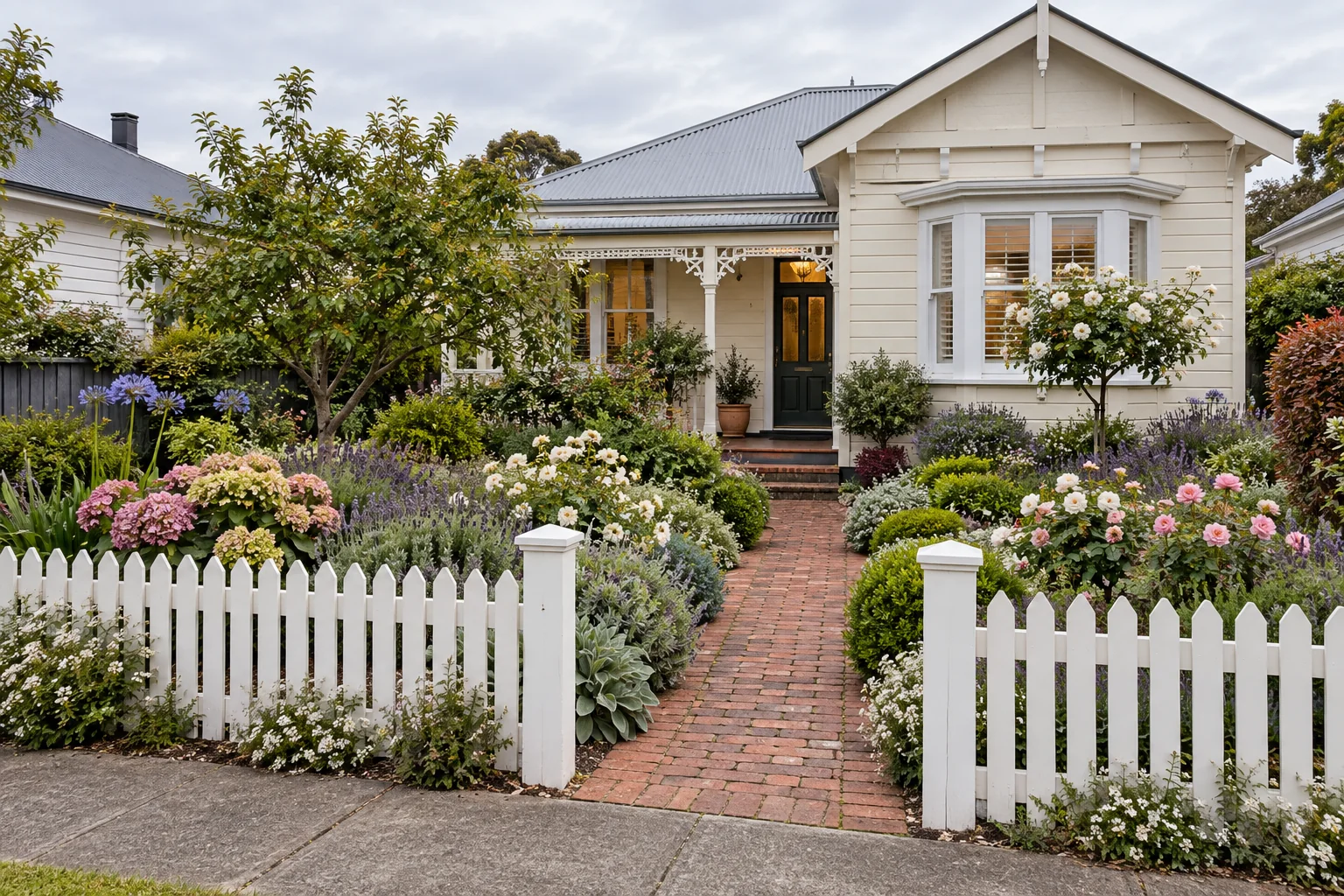 Illustrative cottage garden with flower borders and a brick path