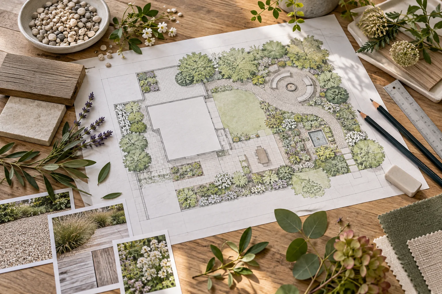 Illustrative garden plan with pencils and material samples