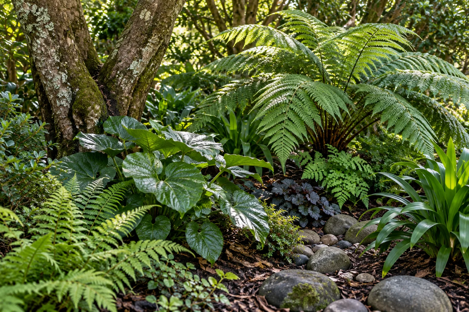 Illustrative shaded planting bed with ferns and river stones
