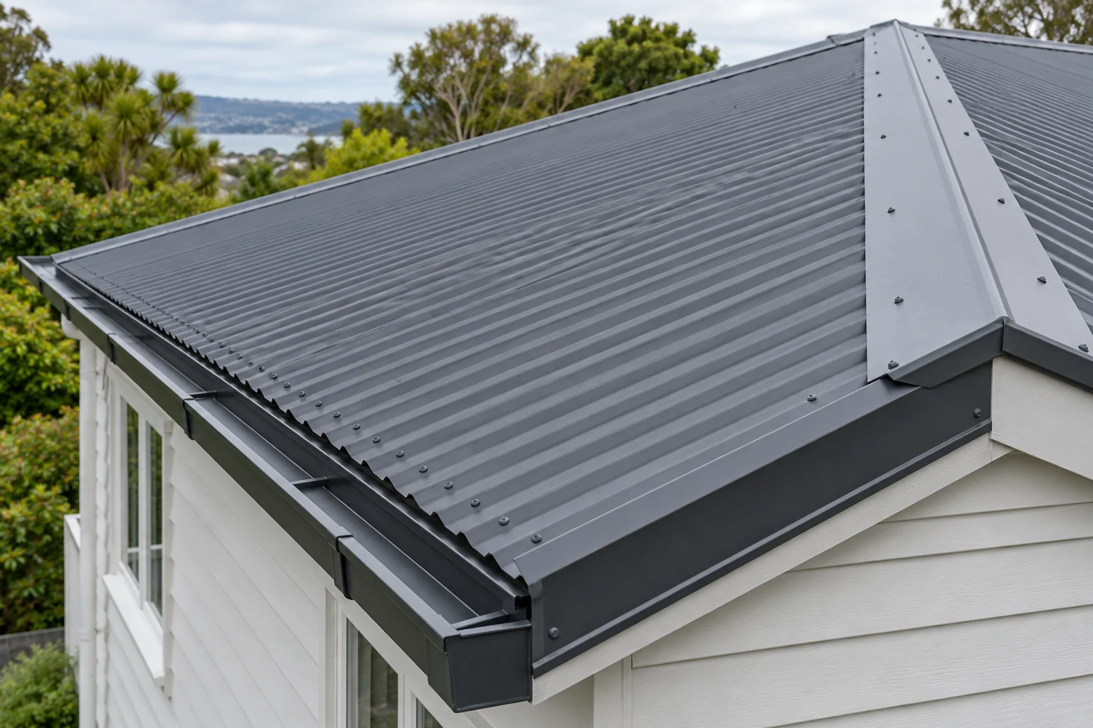 AI-generated illustration of metal roofing, ridge flashing and gutter details