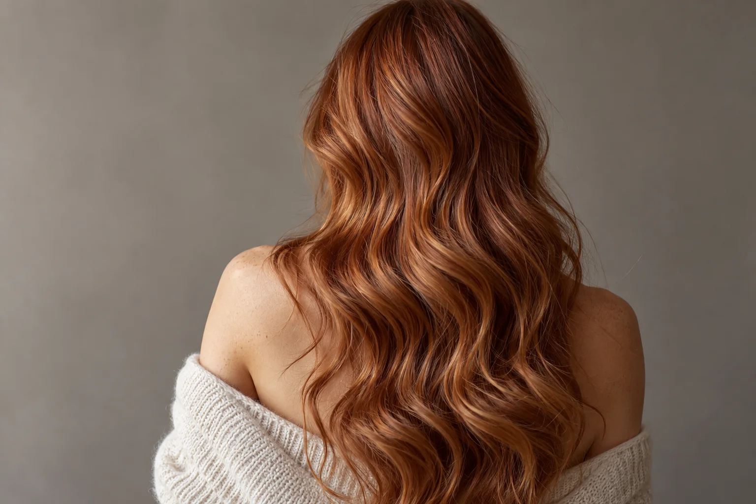 Illustrative copper hair colour and waves shown from behind
