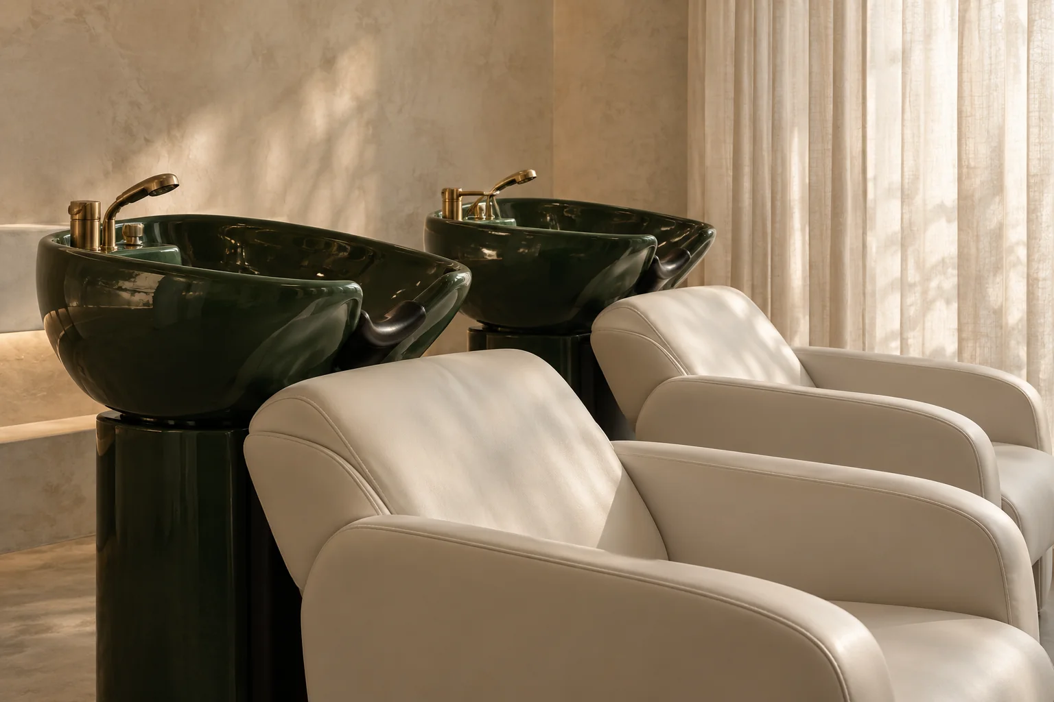 Illustrative salon wash area with green basins and cream seats